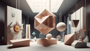 Surreal geometric shapes and objects suspended in a vast three-dimensional space, creating a sense of wonder and exploration.